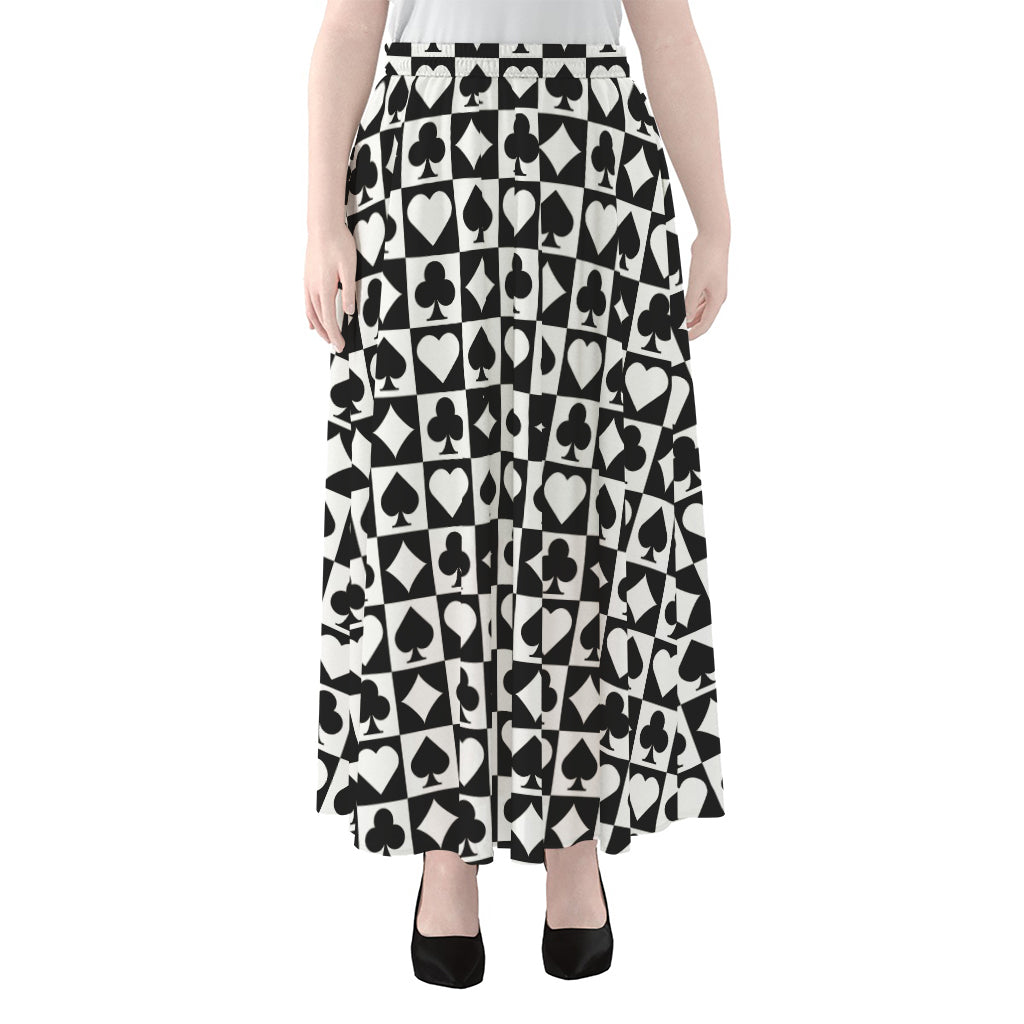 Black And White Playing Card Suits Print Chiffon Maxi Skirt