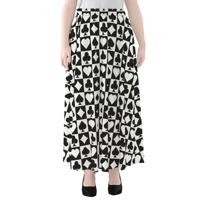 Black And White Playing Card Suits Print Chiffon Maxi Skirt