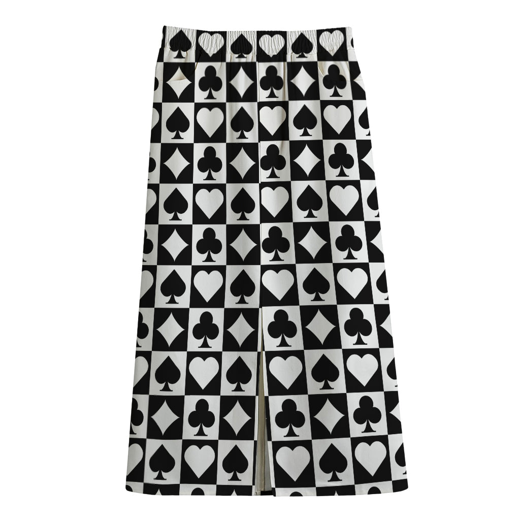 Black And White Playing Card Suits Print Cotton Front Slit Maxi Skirt