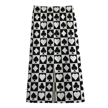 Black And White Playing Card Suits Print Cotton Front Slit Maxi Skirt