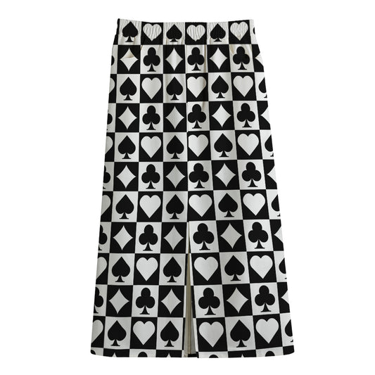 Black And White Playing Card Suits Print Cotton Front Slit Maxi Skirt
