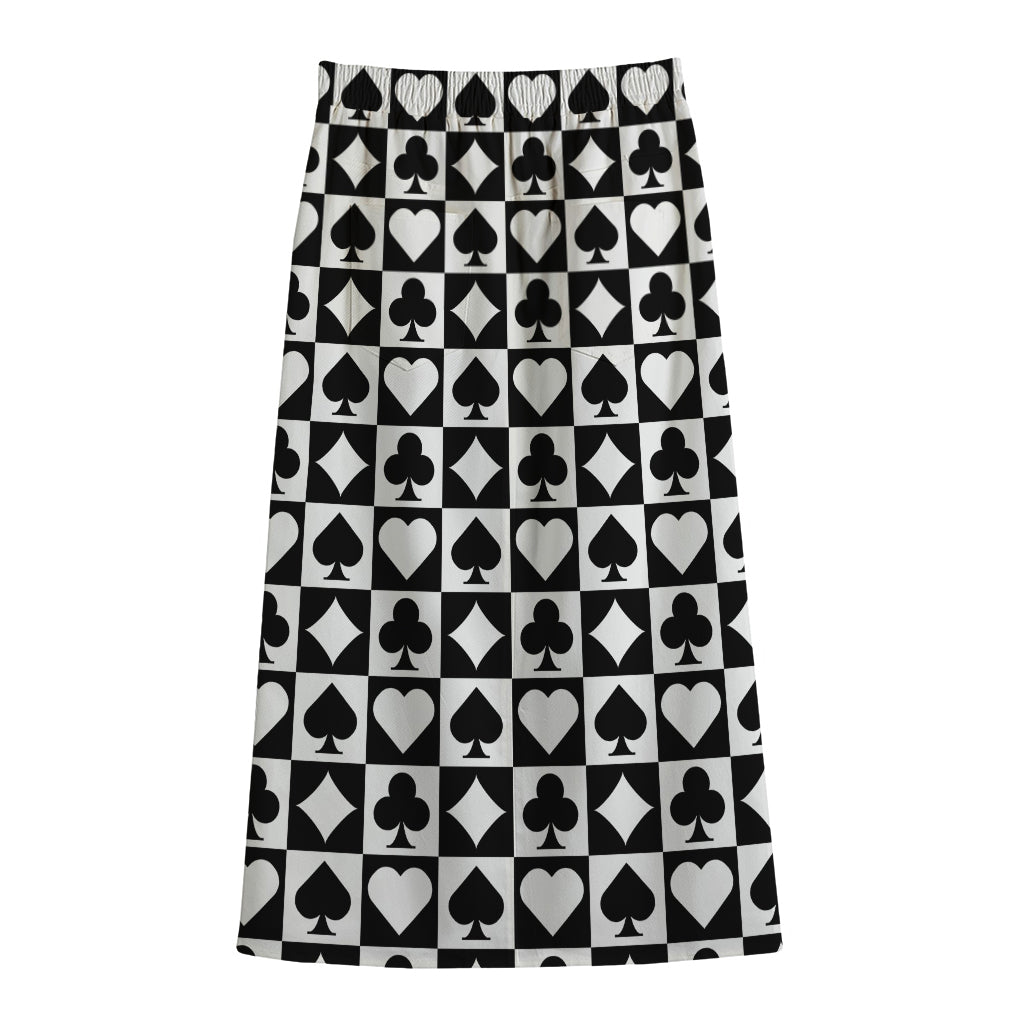 Black And White Playing Card Suits Print Cotton Front Slit Maxi Skirt