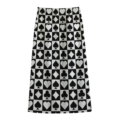 Black And White Playing Card Suits Print Cotton Front Slit Maxi Skirt