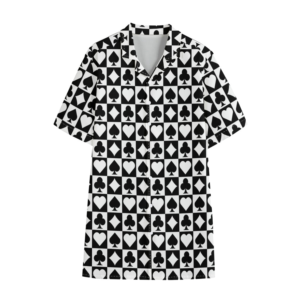 Black And White Playing Card Suits Print Cotton Hawaiian Shirt