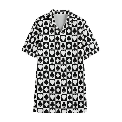 Black And White Playing Card Suits Print Cotton Hawaiian Shirt