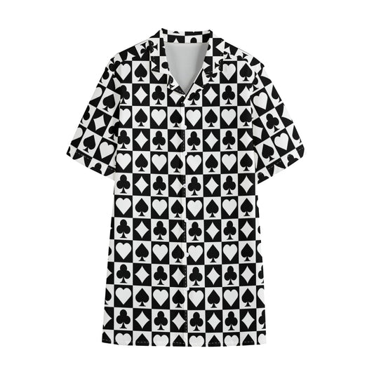 Black And White Playing Card Suits Print Cotton Hawaiian Shirt