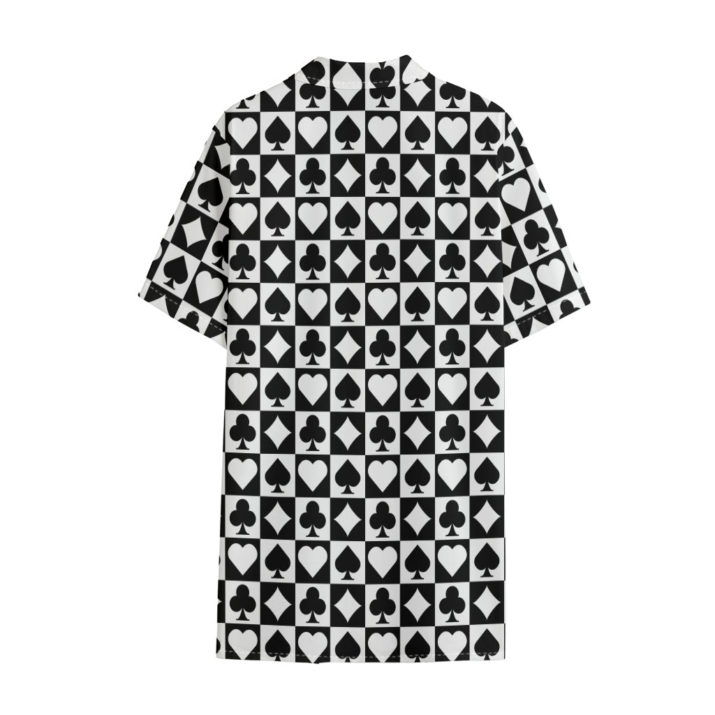 Black And White Playing Card Suits Print Cotton Hawaiian Shirt