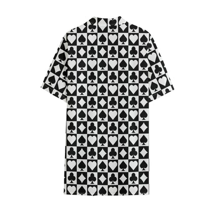 Black And White Playing Card Suits Print Cotton Hawaiian Shirt
