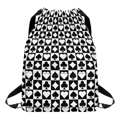 Black And White Playing Card Suits Print Drawstring Backpack