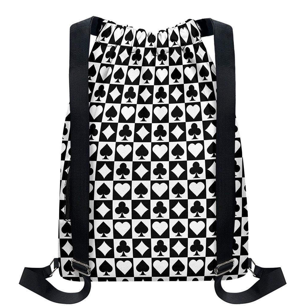 Black And White Playing Card Suits Print Drawstring Backpack