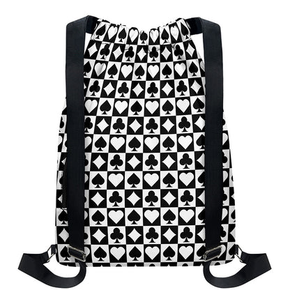 Black And White Playing Card Suits Print Drawstring Backpack