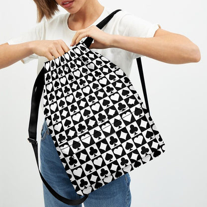 Black And White Playing Card Suits Print Drawstring Backpack