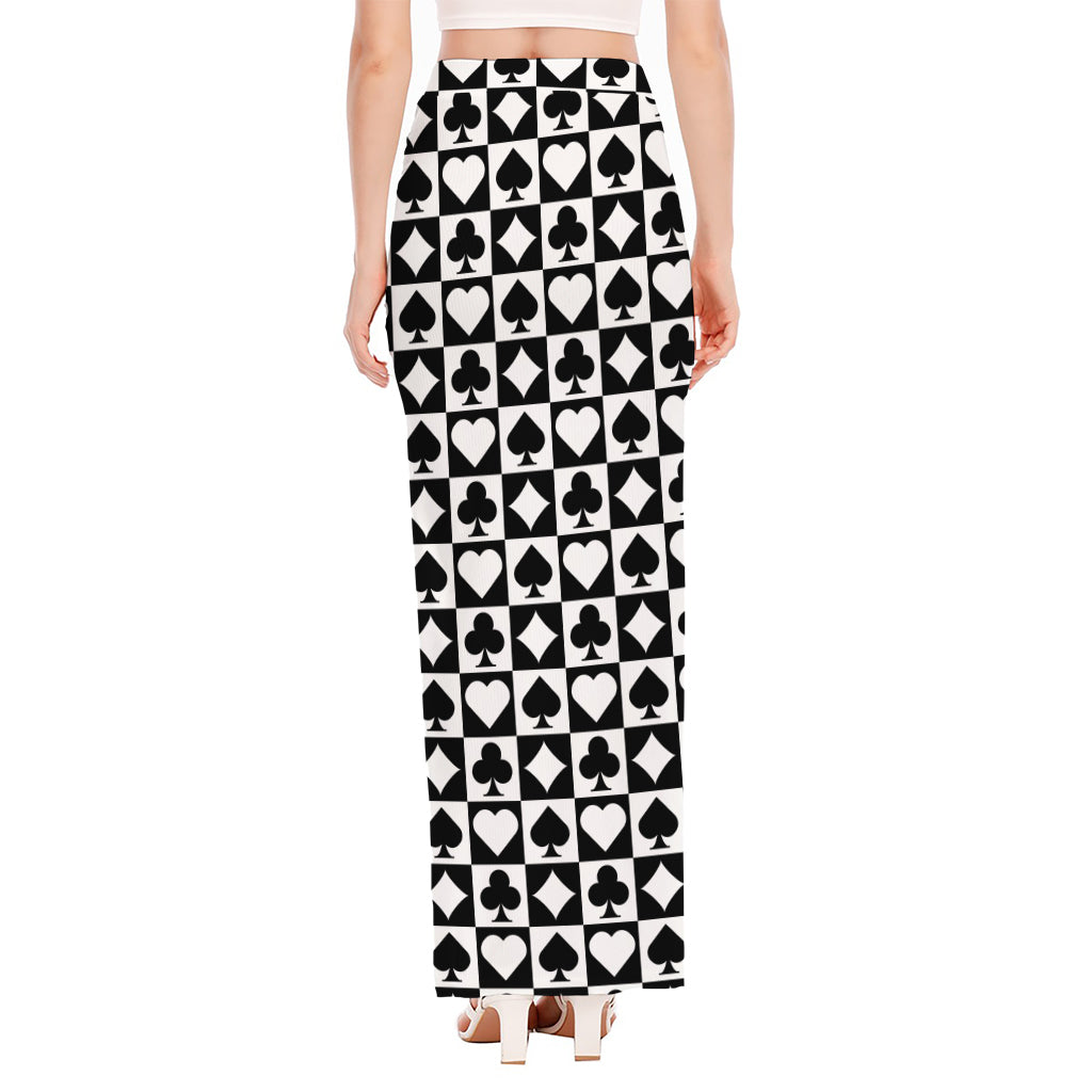 Black And White Playing Card Suits Print High Slit Maxi Skirt