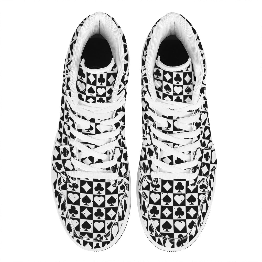 Black And White Playing Card Suits Print High Top Leather Sneakers