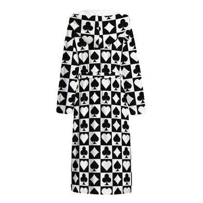 Black And White Playing Card Suits Print Hooded Bathrobe