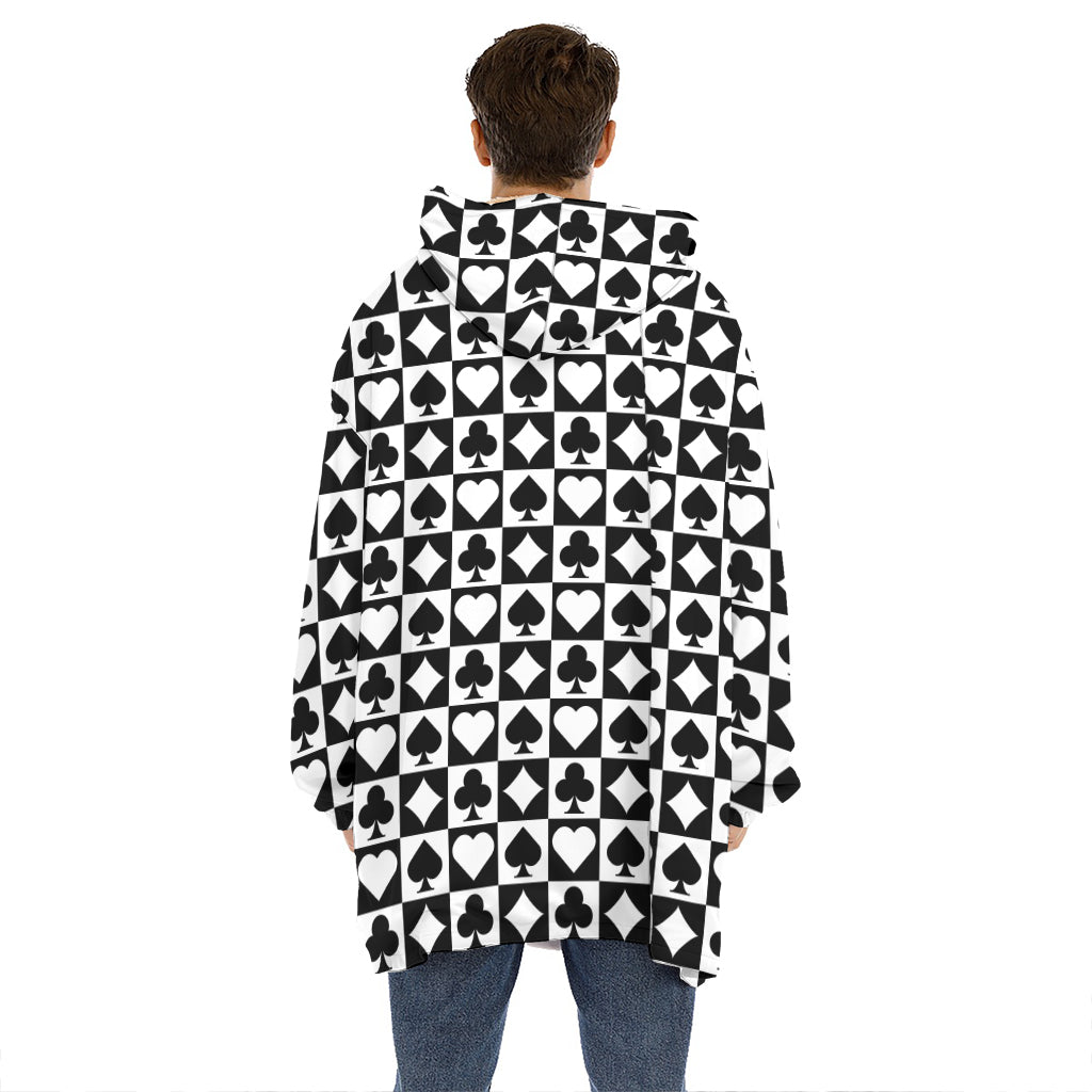 Black And White Playing Card Suits Print Hoodie Blanket