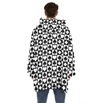 Black And White Playing Card Suits Print Hoodie Blanket