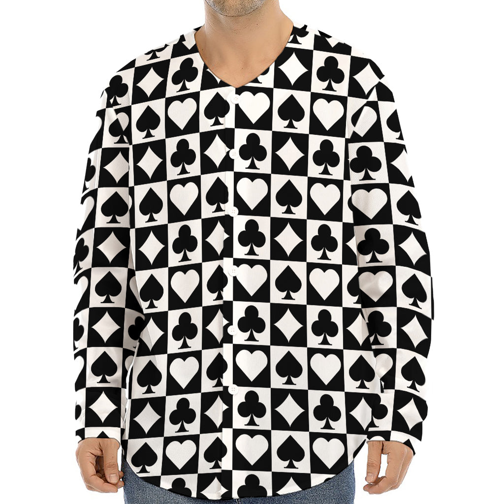 Black And White Playing Card Suits Print Long Sleeve Baseball Jersey
