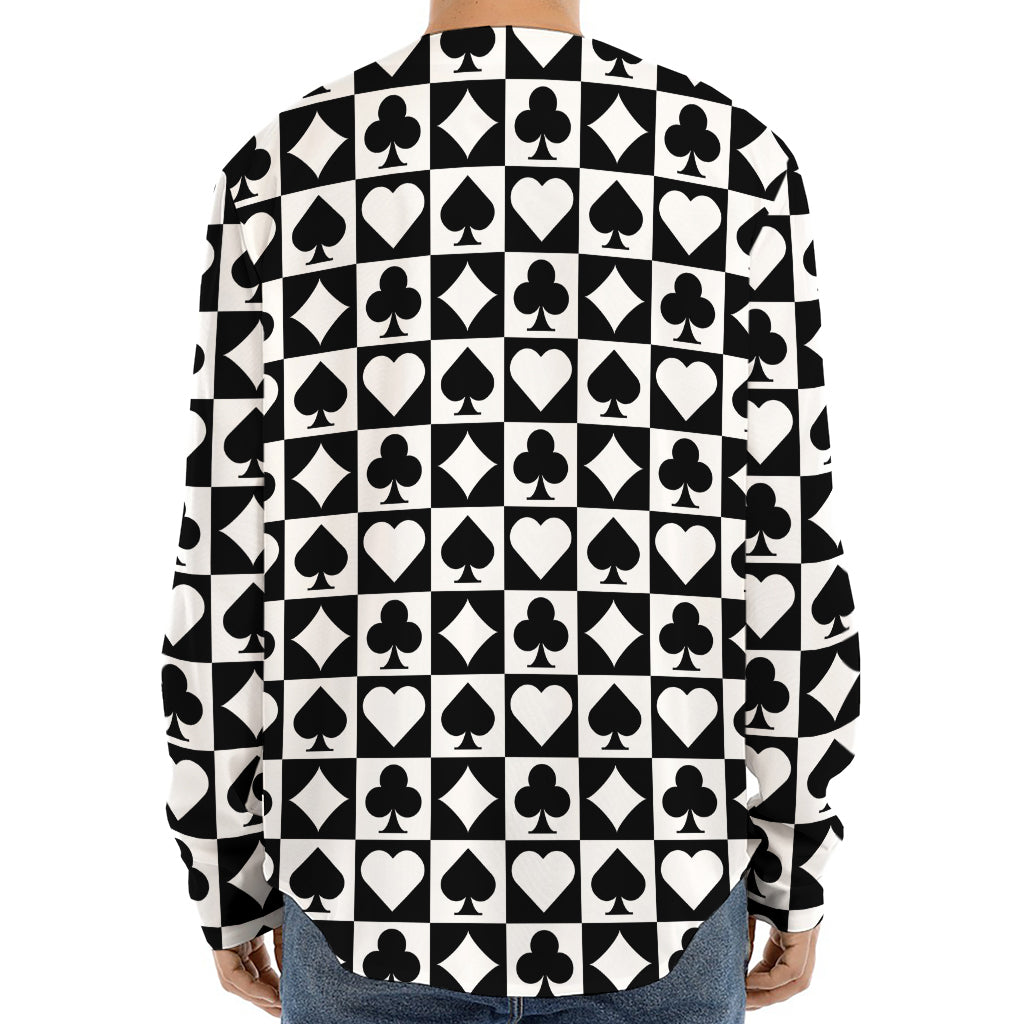 Black And White Playing Card Suits Print Long Sleeve Baseball Jersey