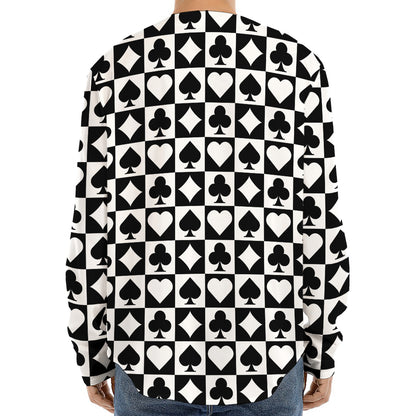 Black And White Playing Card Suits Print Long Sleeve Baseball Jersey