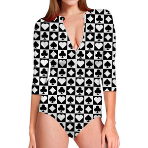 Black And White Playing Card Suits Print Long Sleeve Swimsuit