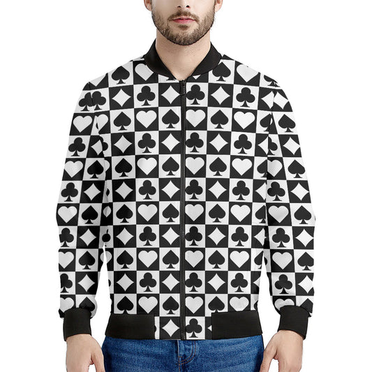 Black And White Playing Card Suits Print Men's Bomber Jacket