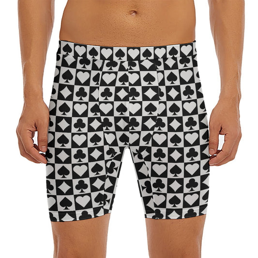 Black And White Playing Card Suits Print Men's Long Boxer Briefs