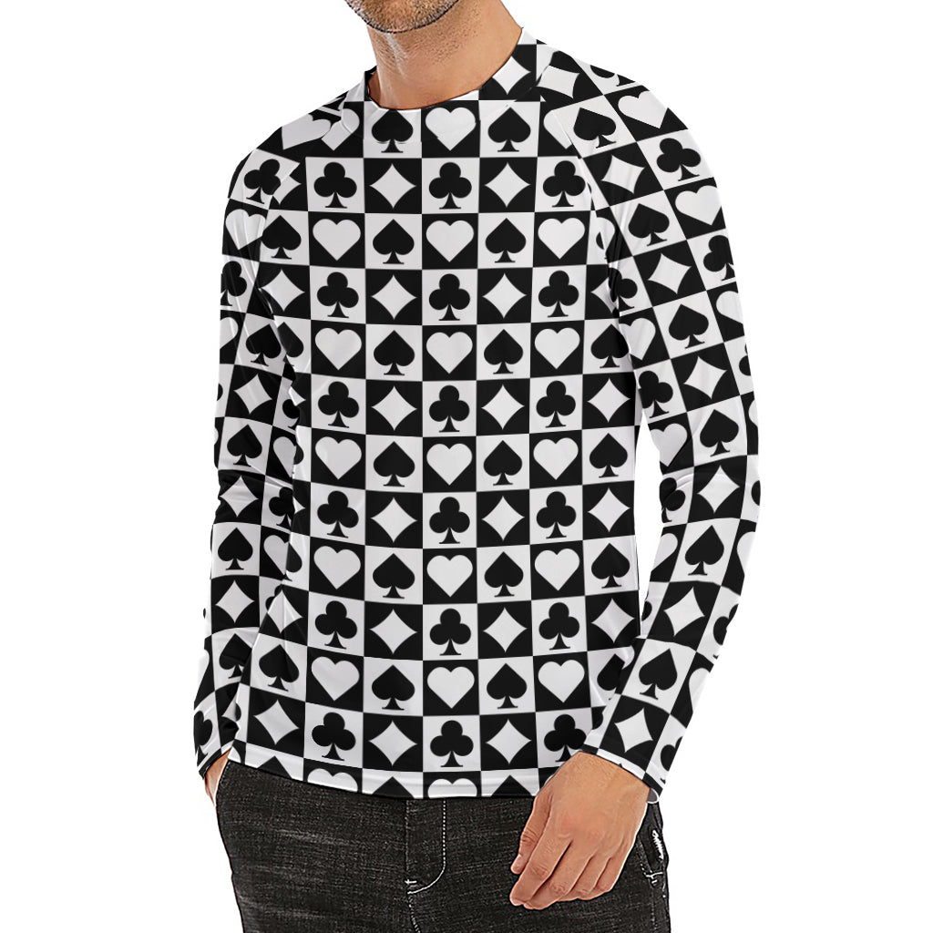 Black And White Playing Card Suits Print Men's Long Sleeve Rash Guard