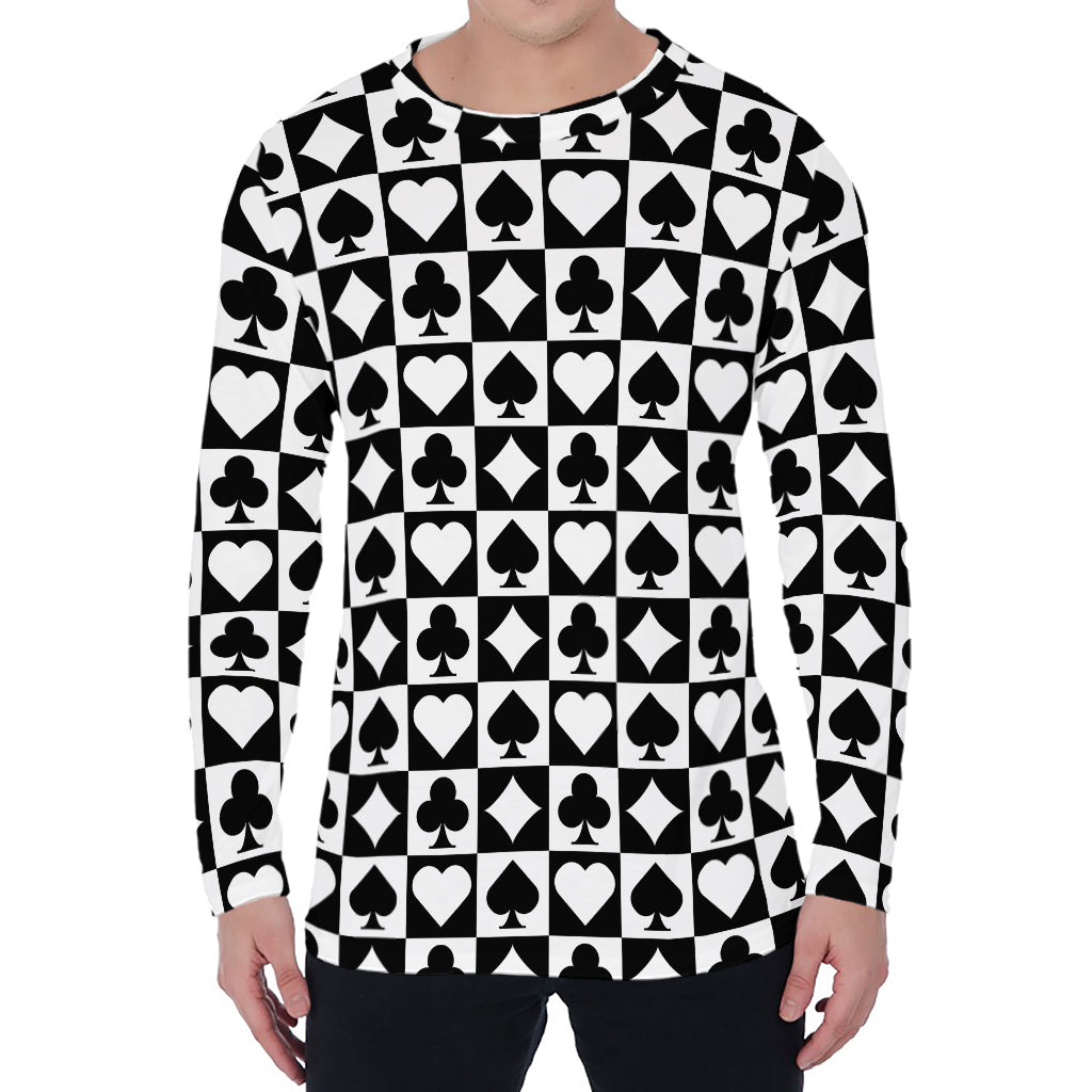 Black And White Playing Card Suits Print Men's Long Sleeve T-Shirt