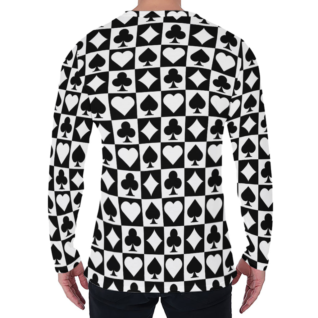 Black And White Playing Card Suits Print Men's Long Sleeve T-Shirt