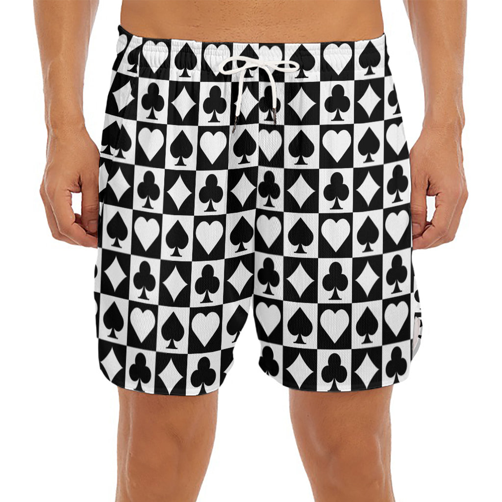 Black And White Playing Card Suits Print Men's Split Running Shorts