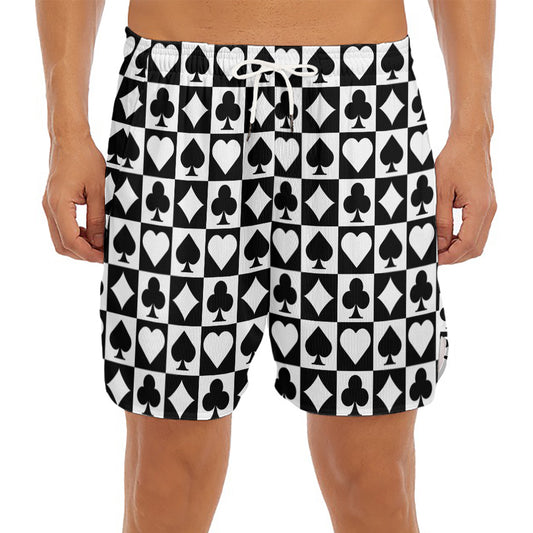 Black And White Playing Card Suits Print Men's Split Running Shorts