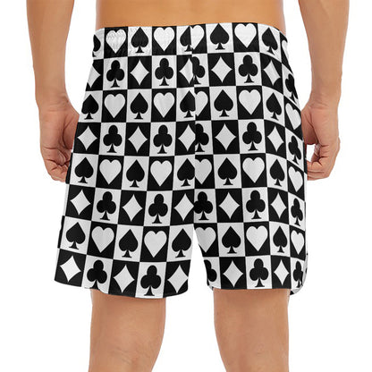 Black And White Playing Card Suits Print Men's Split Running Shorts