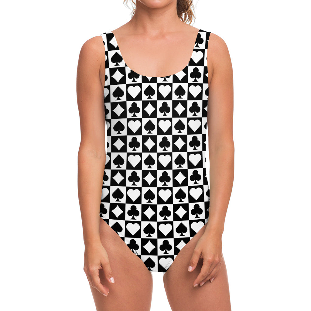 Black And White Playing Card Suits Print One Piece Swimsuit