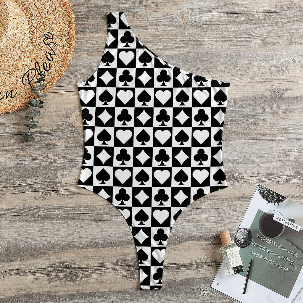 Black And White Playing Card Suits Print One Shoulder Bodysuit
