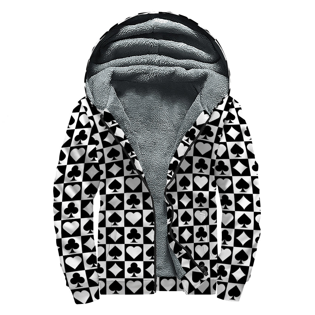 Black And White Playing Card Suits Print Sherpa Lined Zip Up Hoodie