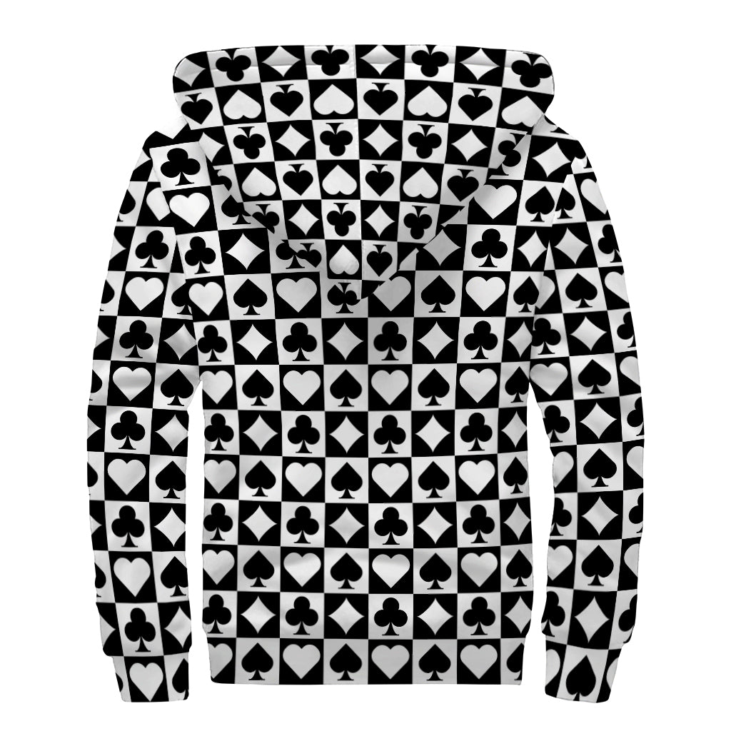Black And White Playing Card Suits Print Sherpa Lined Zip Up Hoodie