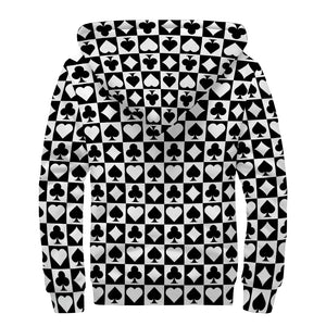 Black And White Playing Card Suits Print Sherpa Lined Zip Up Hoodie