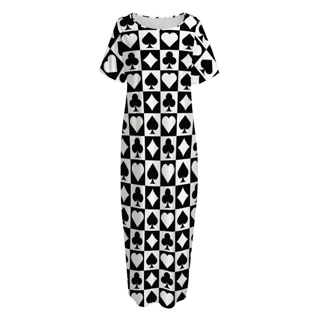 Black And White Playing Card Suits Print Short Sleeve Long Nightdress