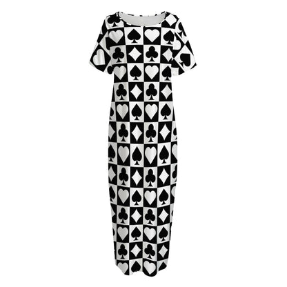 Black And White Playing Card Suits Print Short Sleeve Long Nightdress