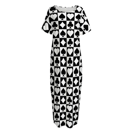 Black And White Playing Card Suits Print Short Sleeve Long Nightdress