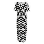 Black And White Playing Card Suits Print Short Sleeve Long Nightdress