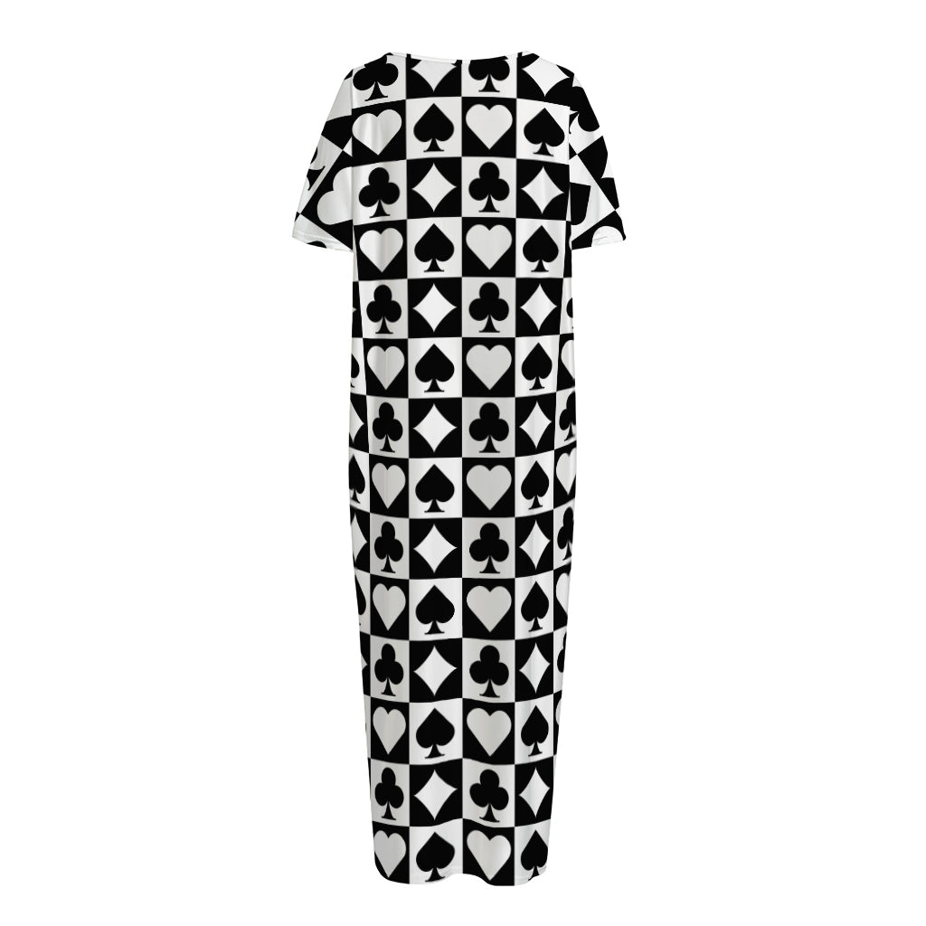 Black And White Playing Card Suits Print Short Sleeve Long Nightdress