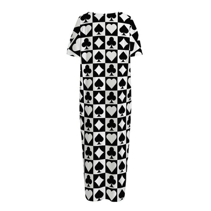 Black And White Playing Card Suits Print Short Sleeve Long Nightdress