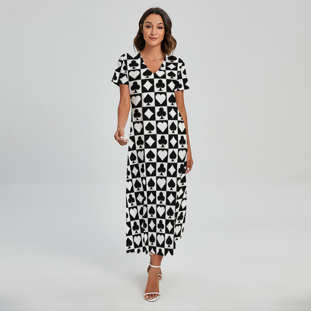 Black And White Playing Card Suits Print Short Sleeve Maxi Dress