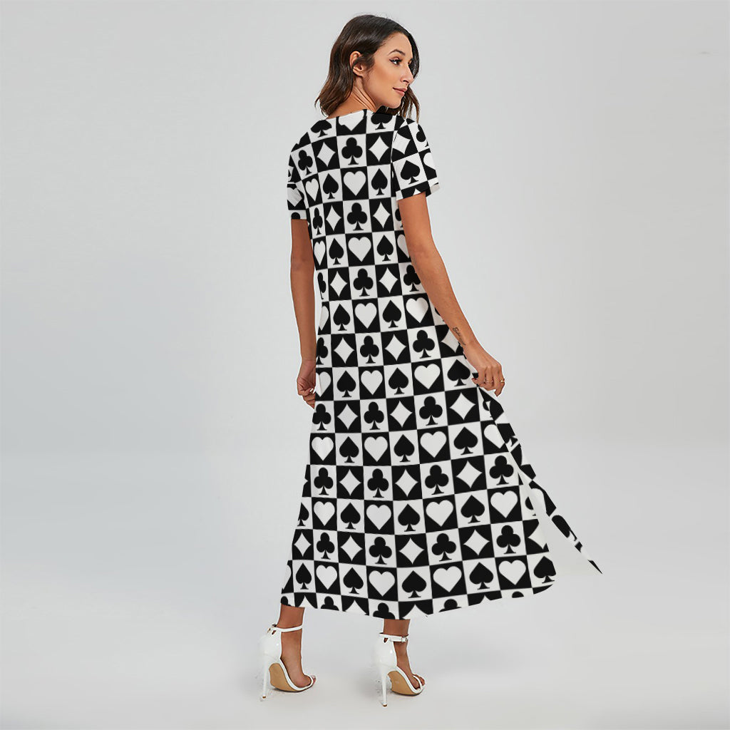 Black And White Playing Card Suits Print Short Sleeve Maxi Dress