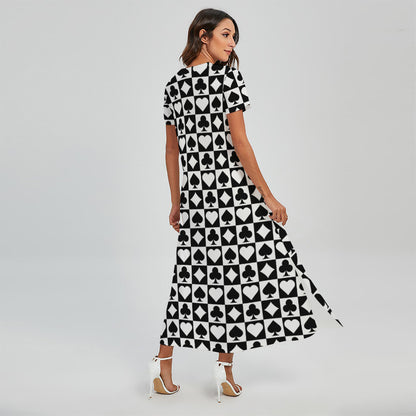 Black And White Playing Card Suits Print Short Sleeve Maxi Dress