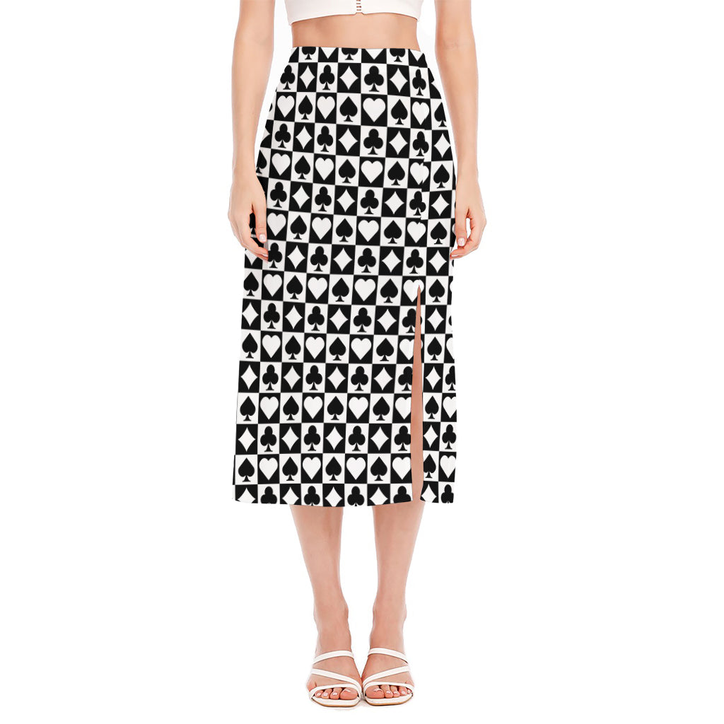 Black And White Playing Card Suits Print Side Slit Midi Skirt