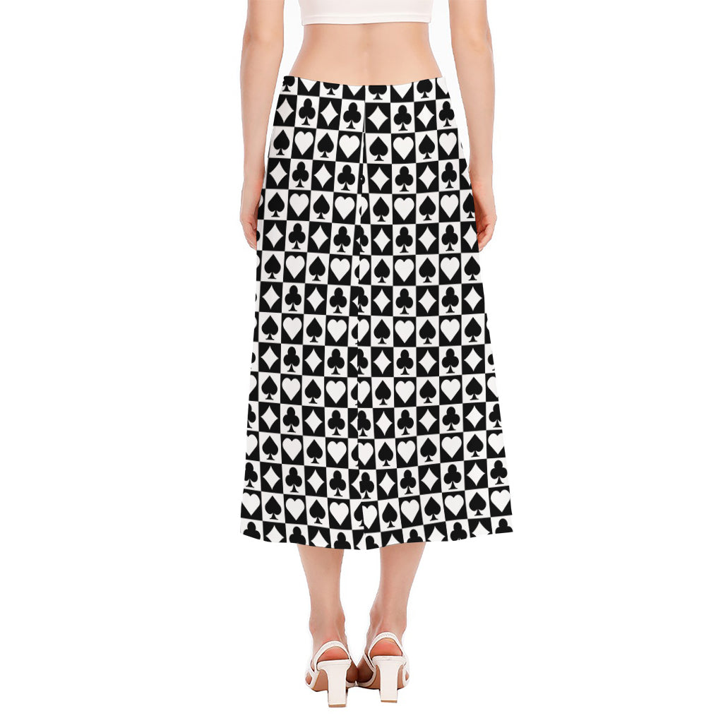 Black And White Playing Card Suits Print Side Slit Midi Skirt
