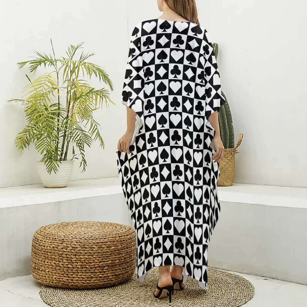 Black And White Playing Card Suits Print Silk V-Neck Kaftan Dress